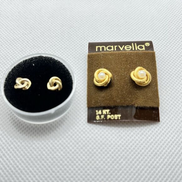 Marvella Jewelry - VTG NIB 1980s 2 Pair Gold Celtic Knot Pierce Earrings 1-Marvella w/Pearl/1 Other